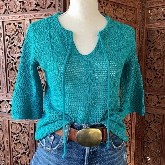 Vintage Teal Cotton Crochet Knit Tie-Neck Quarter Sleeve Sweater Boho Beach - Picture 2 of 13